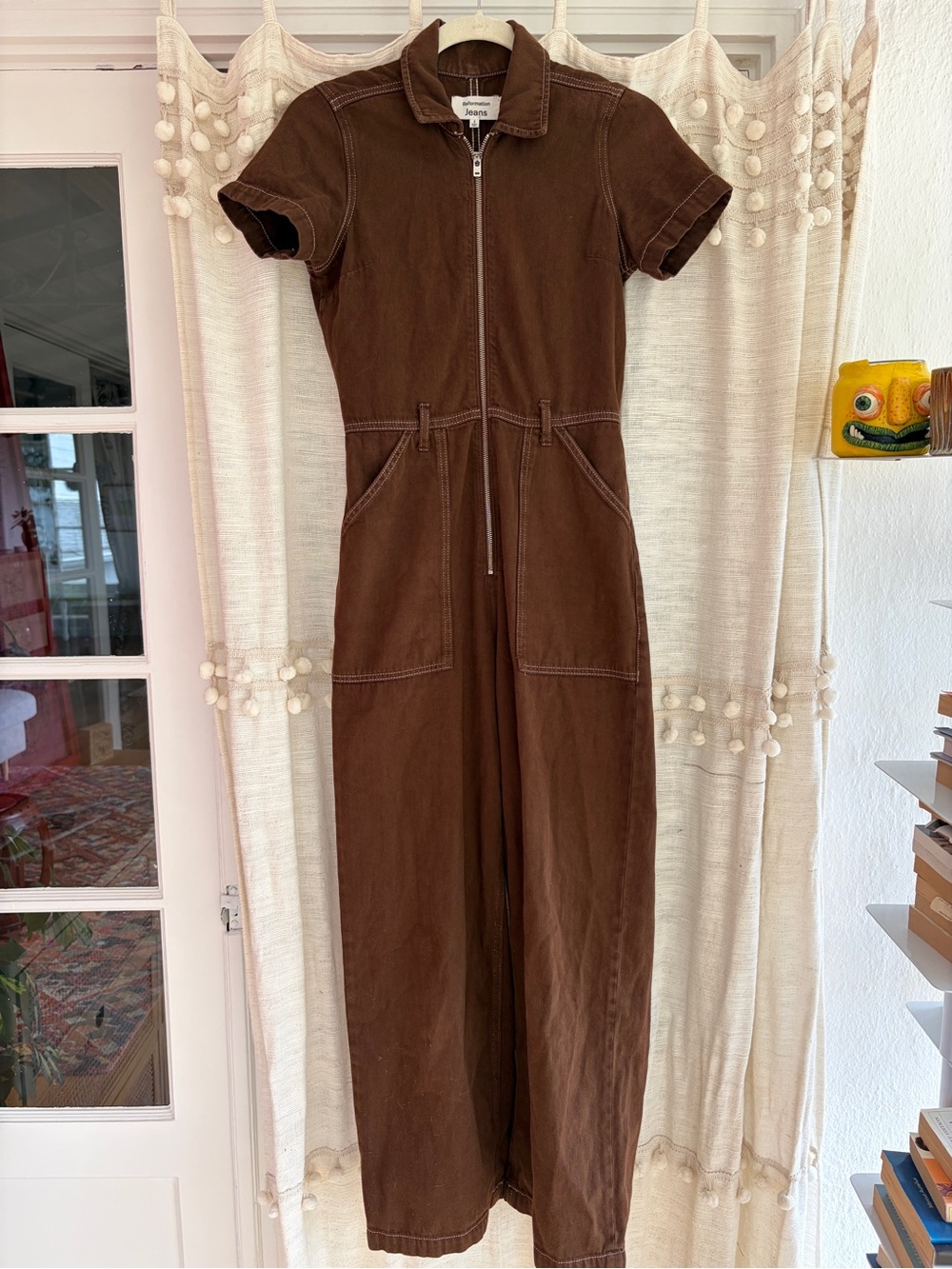 Reformation Brown Short-Sleeve Zip-Front Jumpsuit